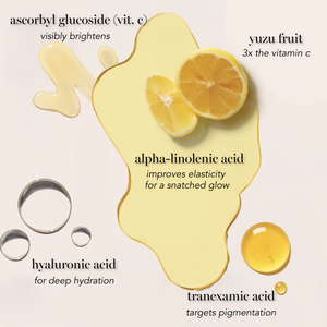 Skincare product with ingredients like ascorbyl glucoside, yuzu fruit, alpha-linolenic acid, hyaluronic acid, and tranexamic acid on a light background.