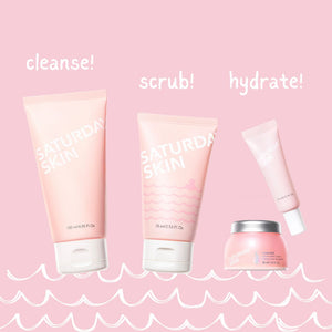 Image of Rub A Dub Peel Gel, Waterfall Glacier Water Cream 30ml, Wide Awake Brightening Eye Cream 15ml Tube, Rise + Shine Gentle Cleanser 150ml with fun wavy doodles