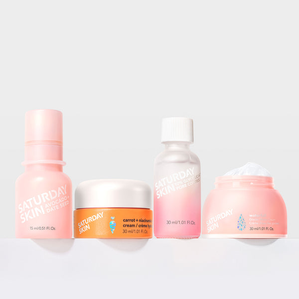 Image of the 4 mini skincare products: Wide Awake 15ml, Carrot + Naicinamide Cream 30ml, Pore Toner 30ml, and Waterfall Glacier Water Cream 30ml
