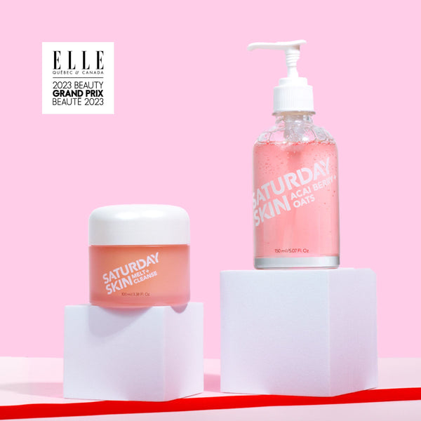 Melt + Cleanse Balm Jar & Acai Berry Gel Cleanser pictuered with ELLE CANADA Beauty Award Seal