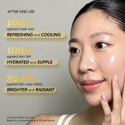 Woman applying a face mask with product benefits text on a gray background