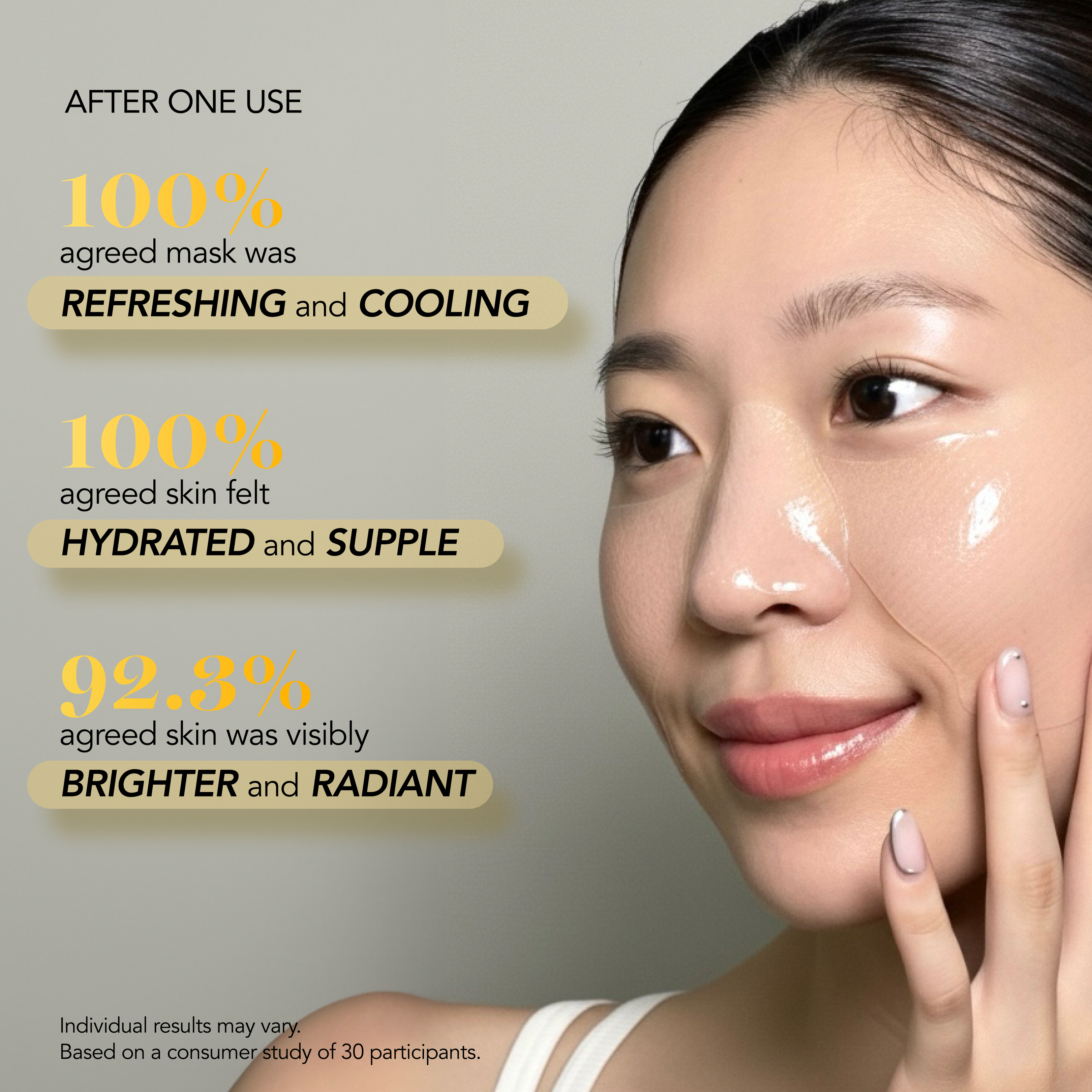 Woman applying a face mask with product benefits text on a gray background