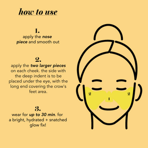 Instructions on how to use a facial mask with a face illustration and text on a yellow background