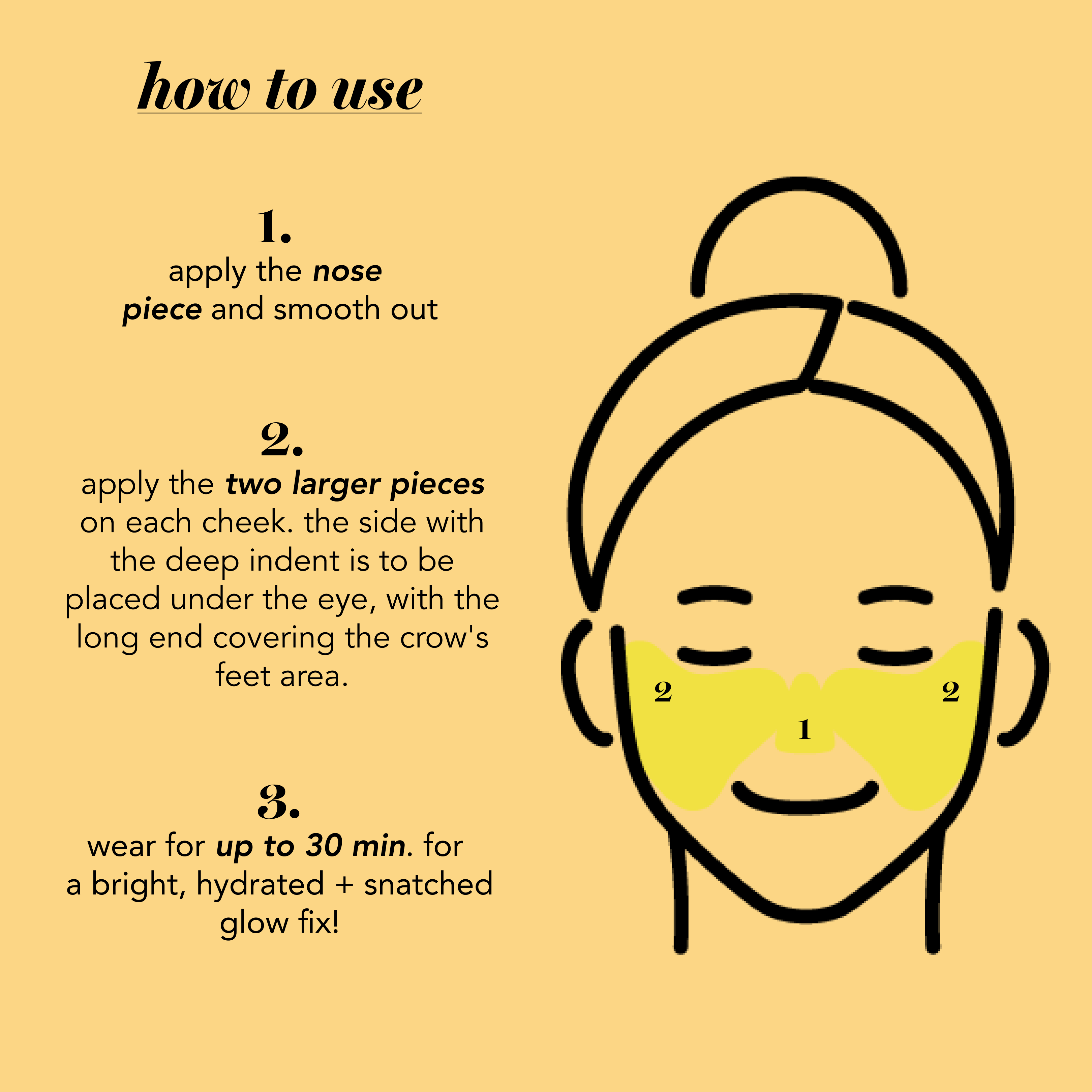 Instructions on how to use a facial mask with a face illustration and text on a yellow background