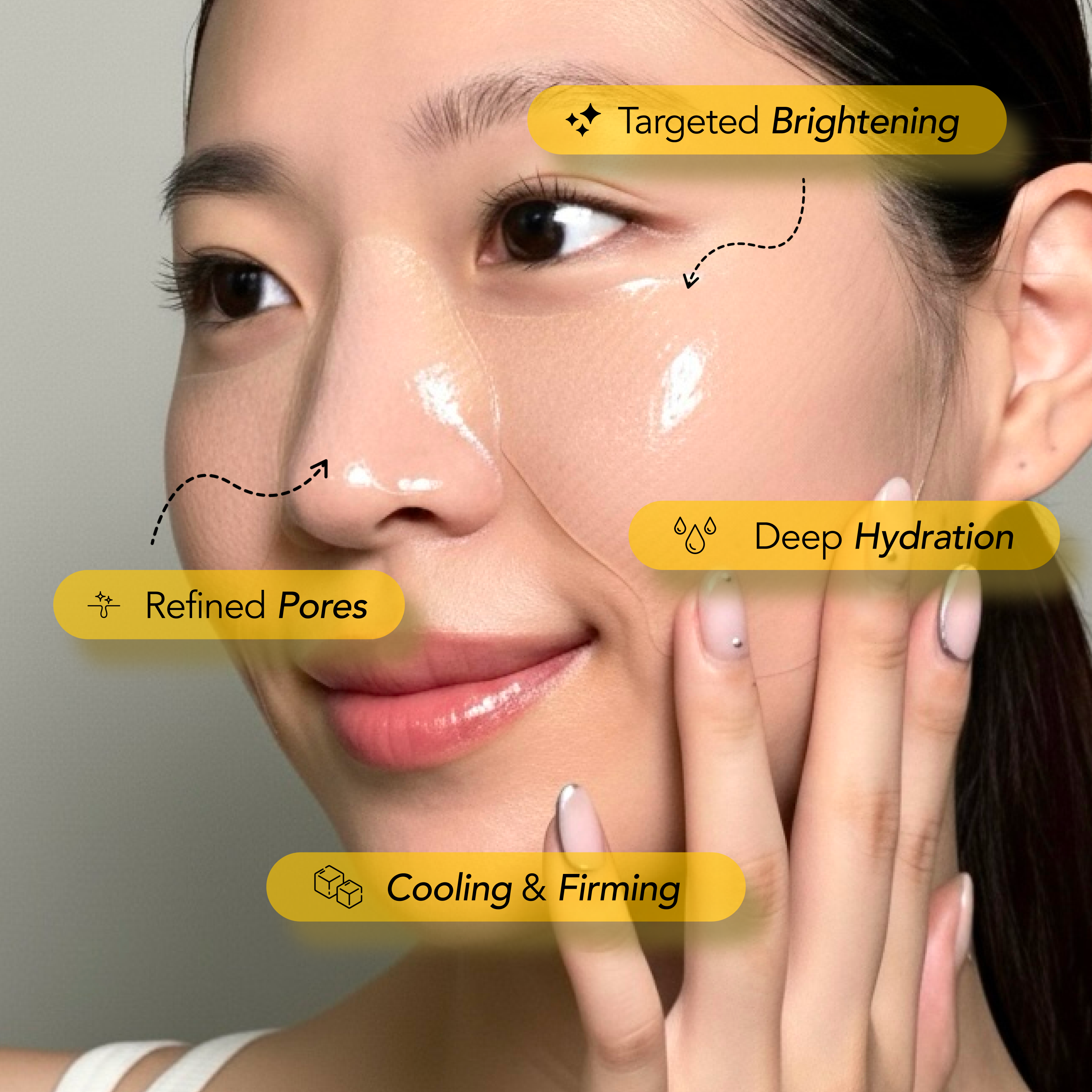 Woman applying skincare product with text labels on her face for targeted brightening, deep hydration, refined pores, and cooling & firming.