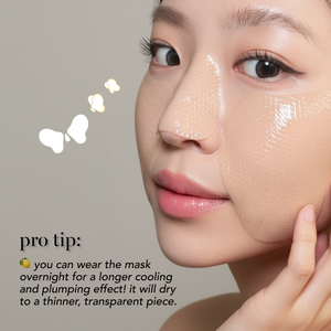 Close-up of a person's face with a skincare product applied, accompanied by text on a neutral background.