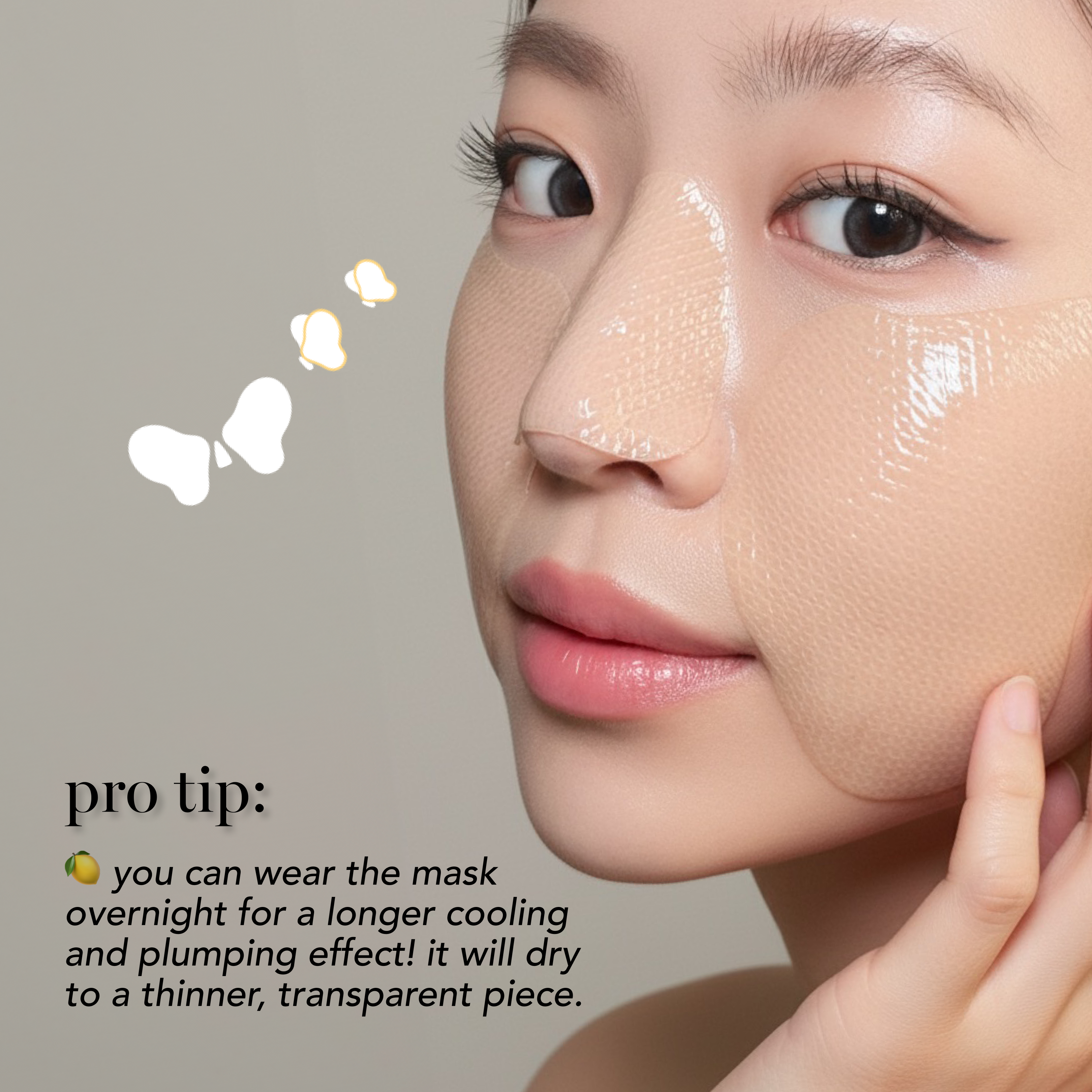 Close-up of a person's face with a skincare product applied, accompanied by text on a neutral background.