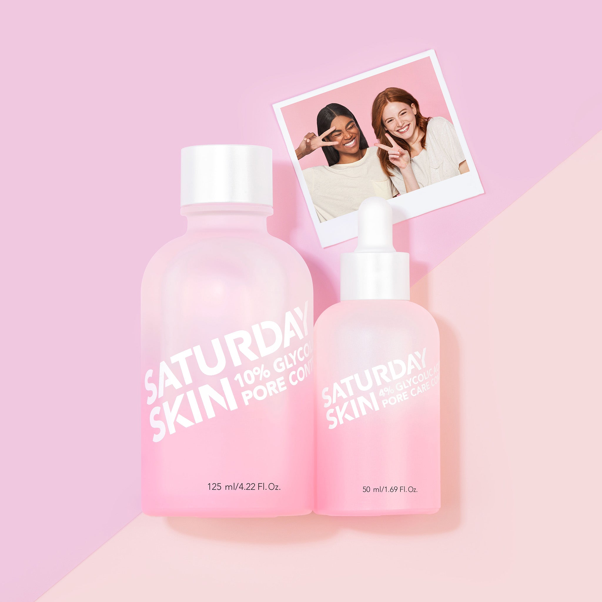 Pore toner and pore treatment products with two women picture in the background